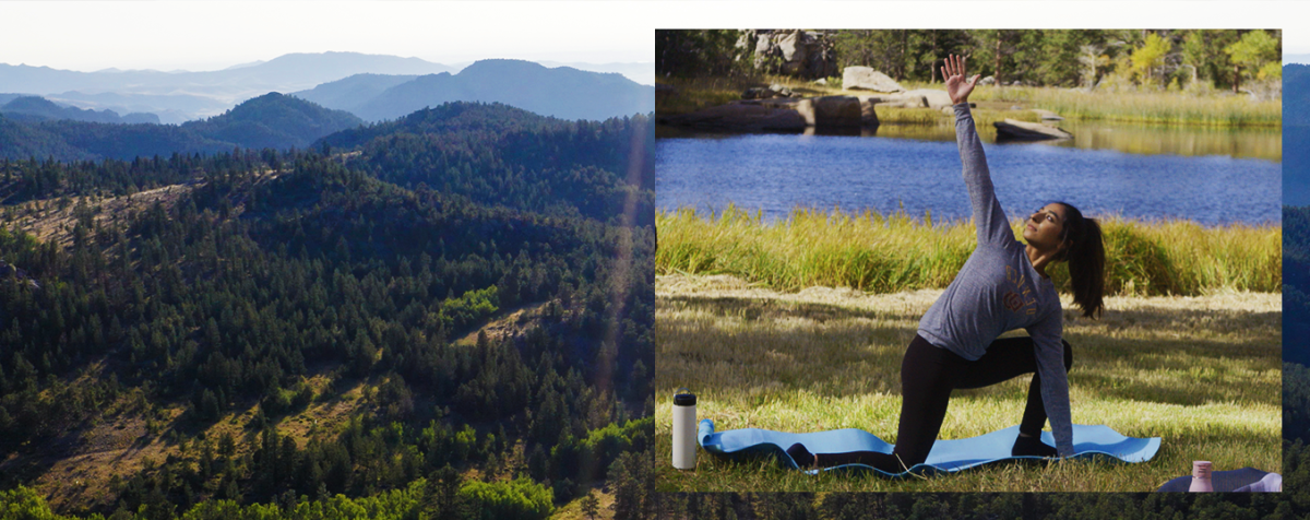 student in yoga pose with mountain landscape